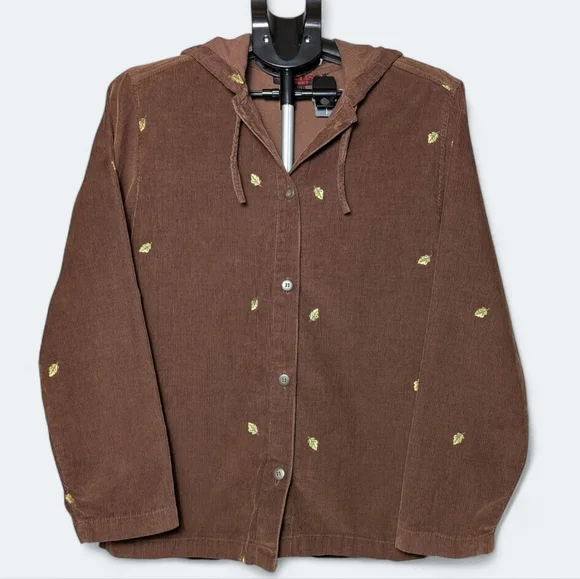 Vintage Corduroy Button Up Hoodie Casablanca Sport Brown 90s Leaf Embroidery - Picture 3 of 13